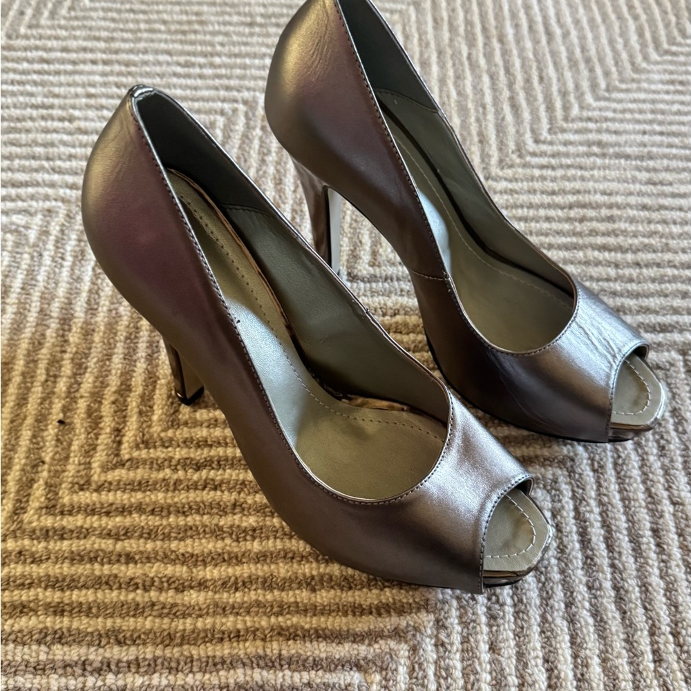 Bruno Magli Silver Peep-Toe Heels